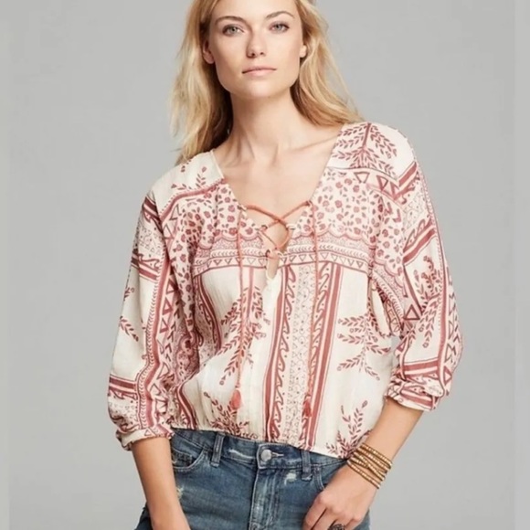 Free People Tops - Free People Yo Yo Geo Sheer Printed Boho Mixed Print Peasant Blouse Women’s M
